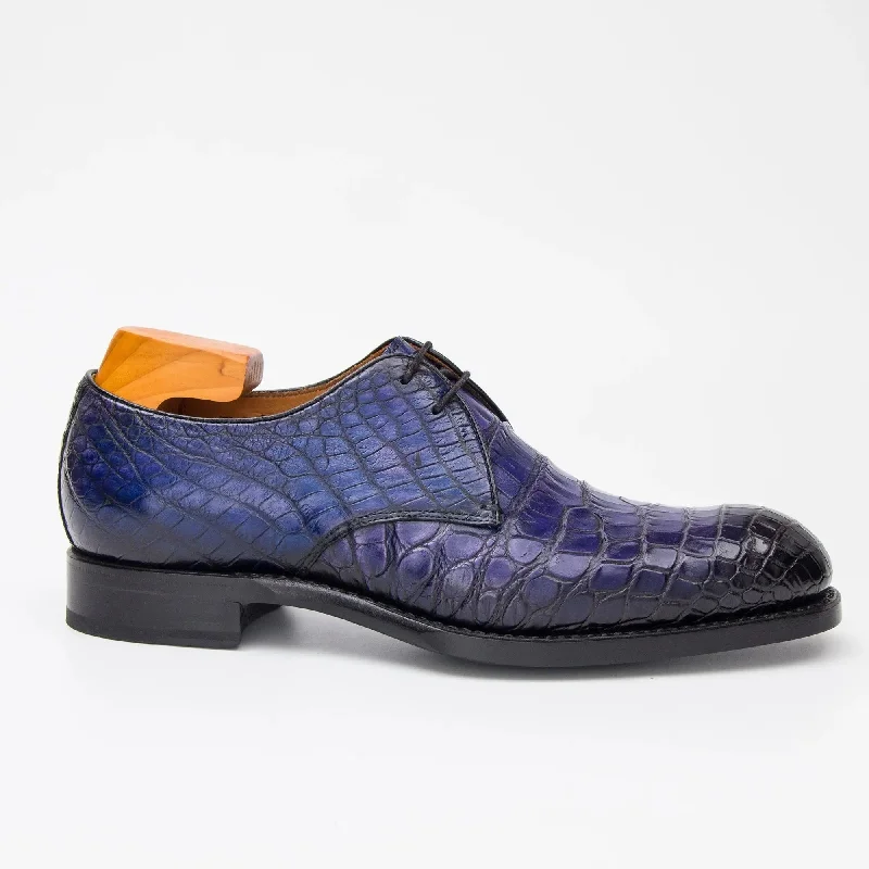 Blue Crocodile Leather Derby Shoes-BLUE