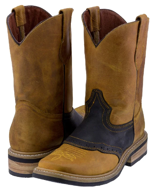 Mens Honey Brown & Black Cowboy Boots Leather Western Square Toe